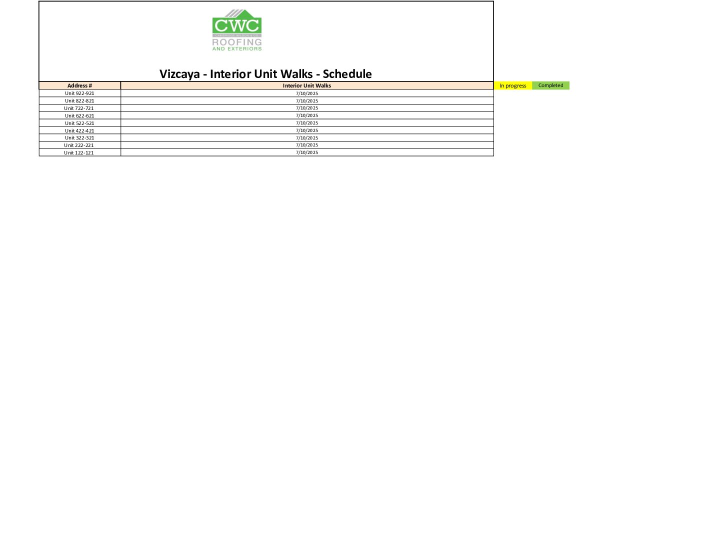 Vizcaya Unit Walks Schedule 6 29 25